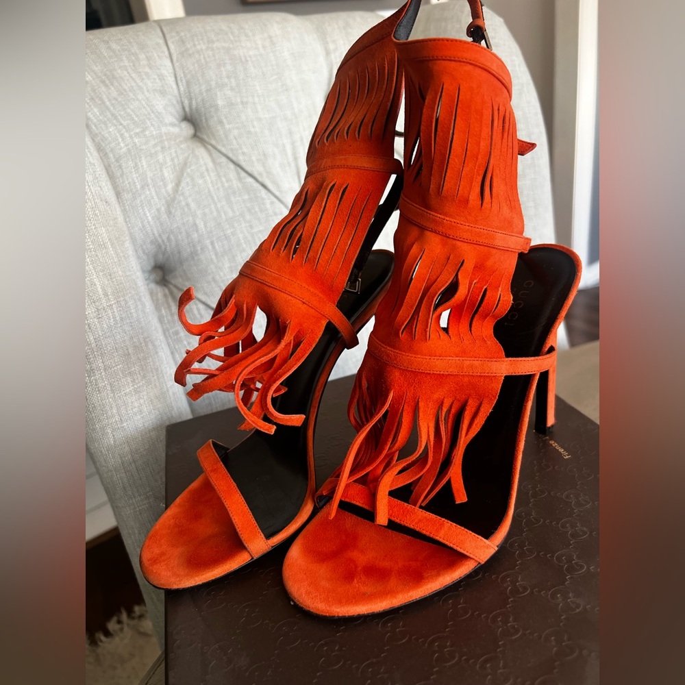 Gucci Orange Suede Fringe Stiletto Sandals - Picture 2 of 10